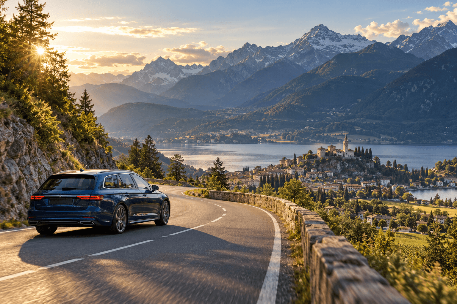 A car on a scenic mountain road above a lakeside town